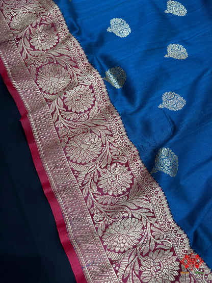 Blue Shade Pure Banarasi Tusser Moonga Silk Saree - Pure Kataan Silk -