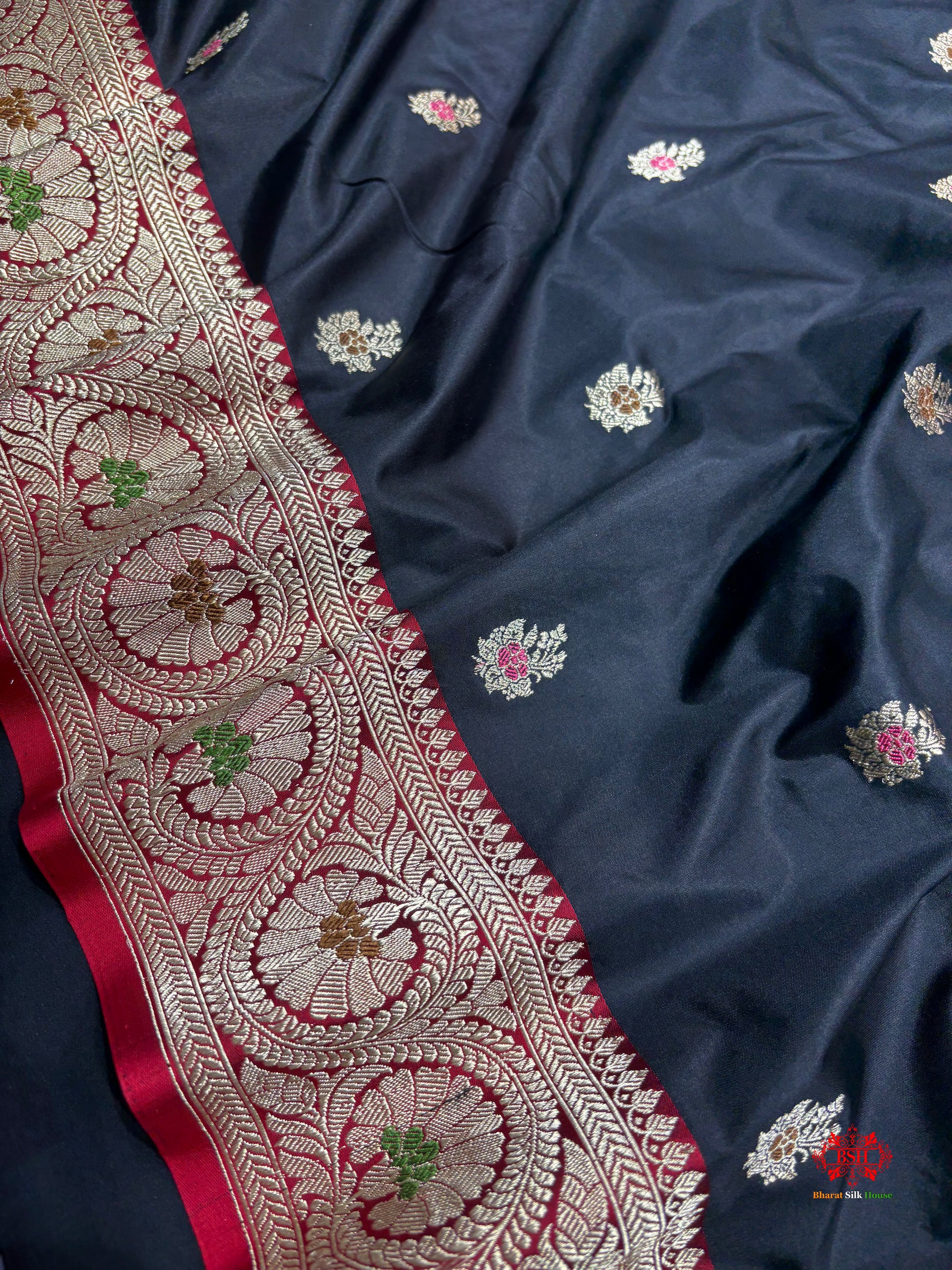Pure Banarasi  Handloom Katan Silk Antique Meena Zari Saree In Shades Of Black - Pure Kataan Silk - 