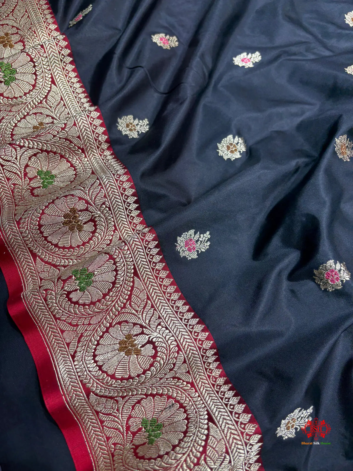 Pure Banarasi  Handloom Katan Silk Antique Meena Zari Saree In Shades Of Black - Pure Kataan Silk -