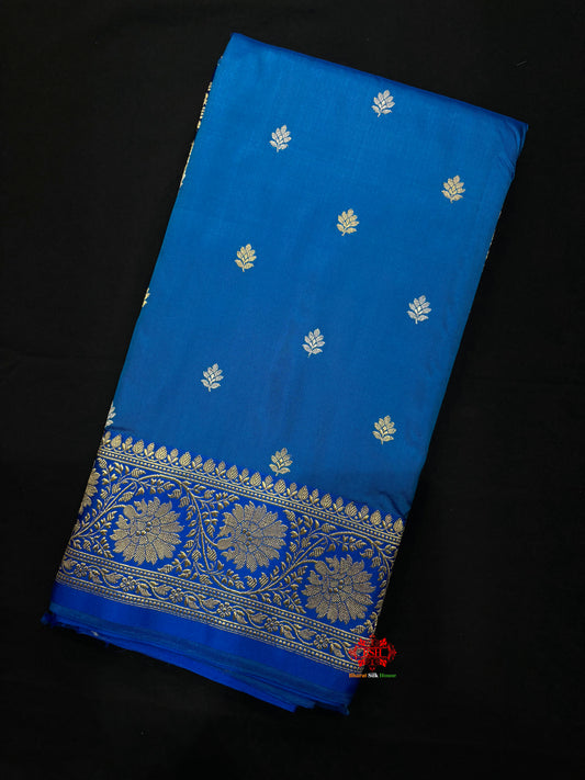 Pure Banarasi  Handloom Katan Silk  Antique Dual Zari Saree In Shades Of Blue - Pure Kataan Silk - 