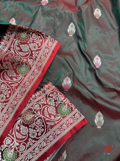 Pure Banarasi  Handloom Katan Silk Antique Meena Zari Saree In Cross Shades Of Green/Red - Pure Kataan Silk -