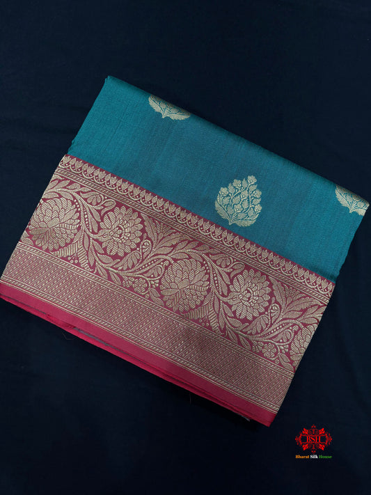 Blue Shade Pure Banarasi Tusser Moonga Silk Saree - Pure Kataan Silk - 