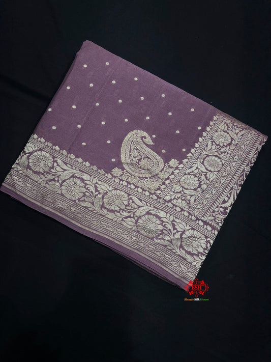 Pure Silk Crape Khaddi Georgette Saree With Antique Zari In Shades Of Blush Pink - Chiffon Sarees - 