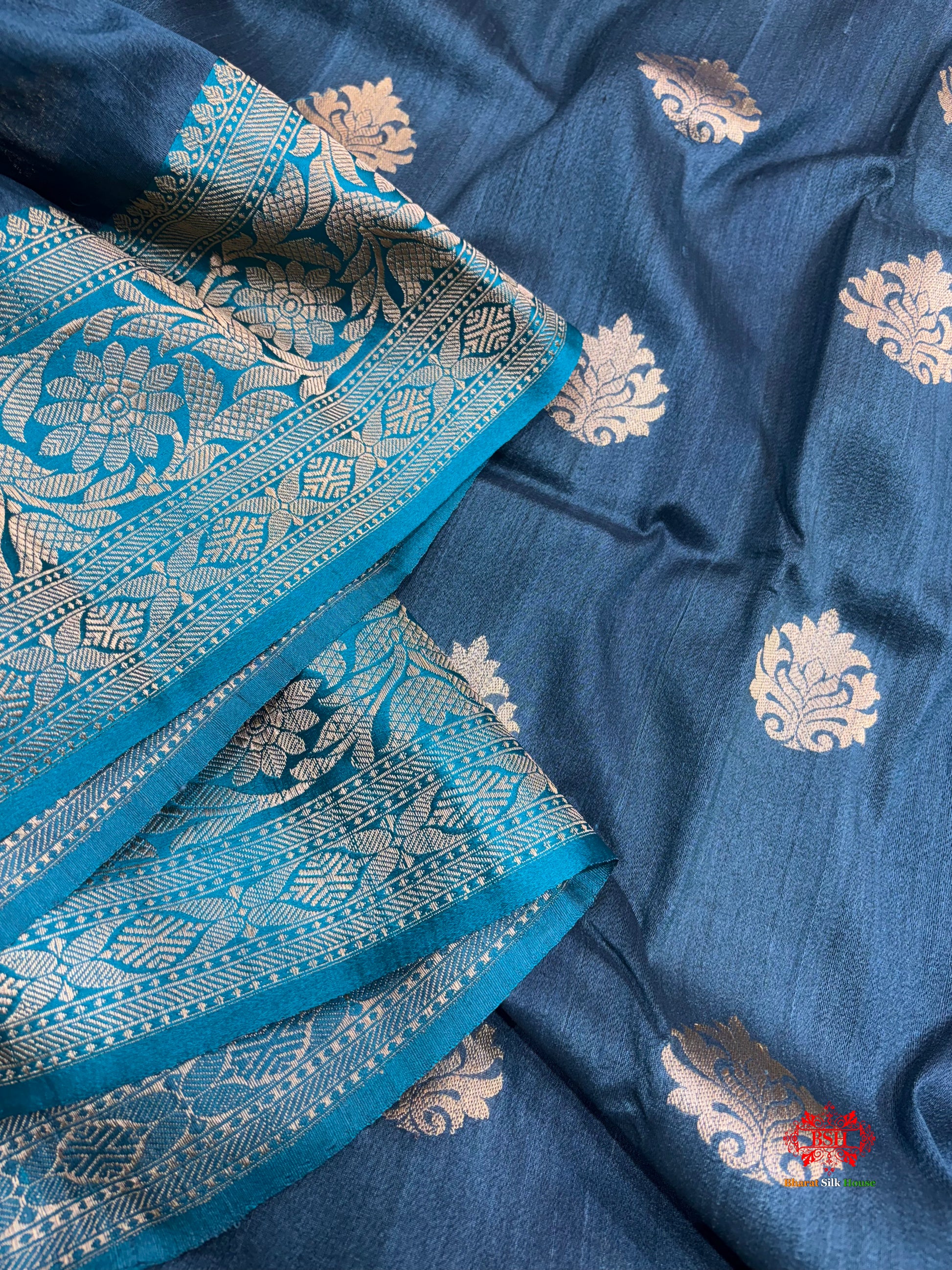 Blue Shade Pure Banarasi Tusser Moonga Silk Saree - Pure Kataan Silk - 