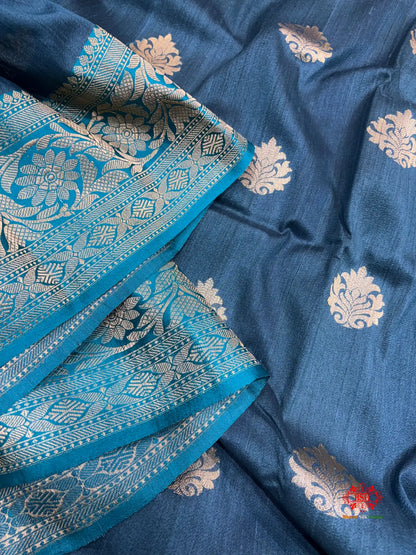 Blue Shade Pure Banarasi Tusser Moonga Silk Saree - Pure Kataan Silk -