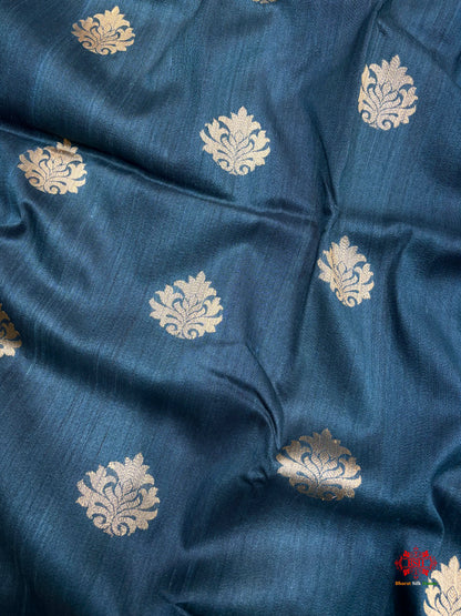 Blue Shade Pure Banarasi Tusser Moonga Silk Saree - Pure Kataan Silk - 