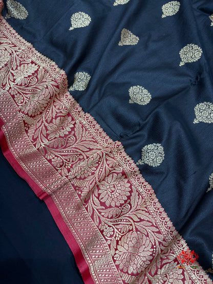 Black Shade Pure Banarasi Tusser Moonga Silk Saree - Pure Kataan Silk - 