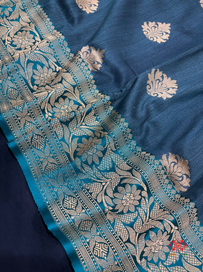Blue Shade Pure Banarasi Tusser Moonga Silk Saree - Pure Kataan Silk - 