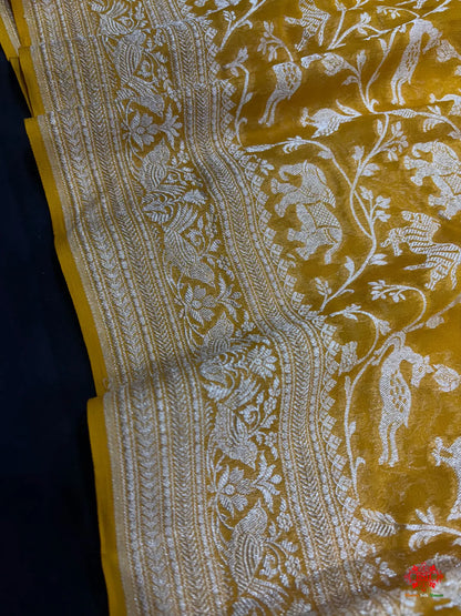 Shade Of Yellow Pure Chiffon Metallic Zari Pure Banarasi Silk Saree - Chiffon Sarees -