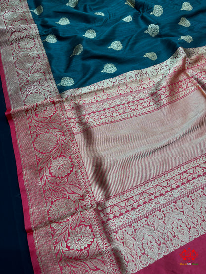 Green Shade Pure Banarasi Tusser Moonga Silk Saree - Tussar - 