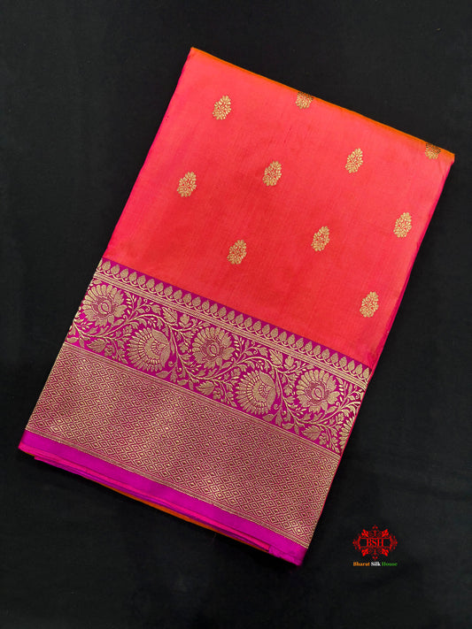 Pure Banarasi  Handloom Katan Silk Antique Zari Saree In Cross Shades Of Pink/Orange - Pure Kataan Silk - 