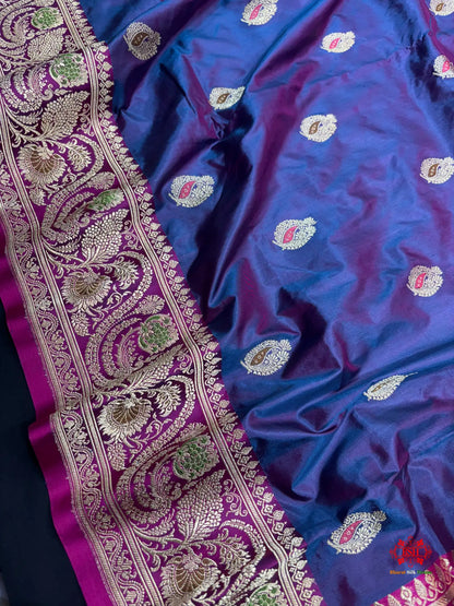 Pure Banarasi  Handloom Katan Silk Antique Meena Zari Saree In Cross Shades Of Blue/Pink - Pure Kataan Silk -