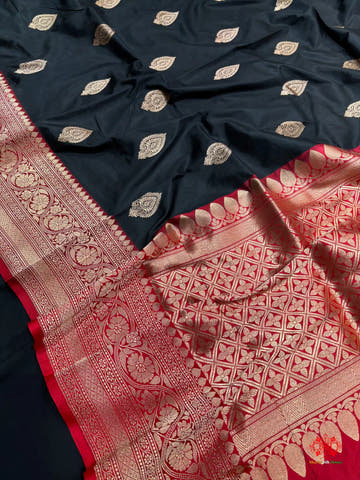 Pure Banarasi  Handloom Katan Silk  Antique Zari Saree In Shades Of Black - Pure Kataan Silk -