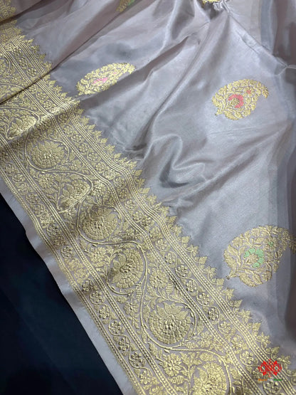 Pure Banarasi  Handloom Katan Silk Antique Zari Meenakari Saree In Shades Of Grey - Pure Kataan Silk -