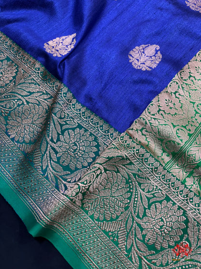 Blue Shade Pure Banarasi Tusser Moonga Silk Saree - Pure Kataan Silk -