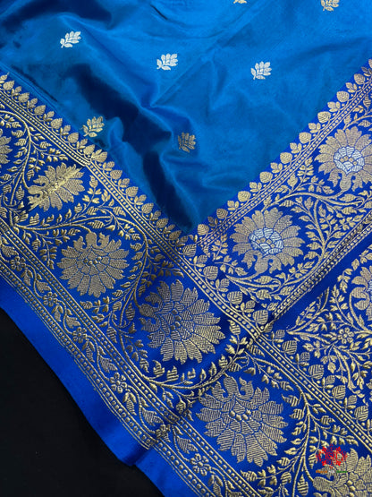 Pure Banarasi  Handloom Katan Silk  Antique Dual Zari Saree In Shades Of Blue - Pure Kataan Silk - 