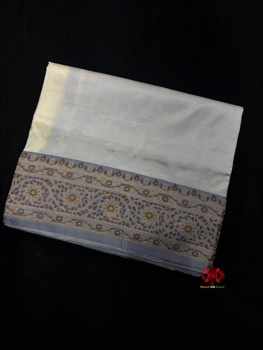 Pure Banarasi  Handloom Katan Silk  Reshami Zari Saree In Shades Of Off White With Grey Border - Pure Kataan Silk - 