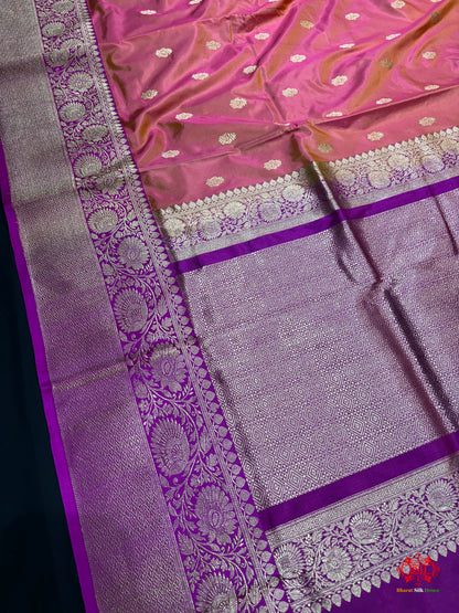 Pure Banarasi  Handloom Katan Silk Antique Zari Saree In Cross Shades Of Pink/Orange - Pure Kataan Silk - 