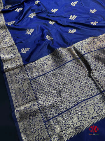 Pure Banarasi  Handloom Katan Silk Antique Zari Saree In Shades Of Blue - Pure Kataan Silk -