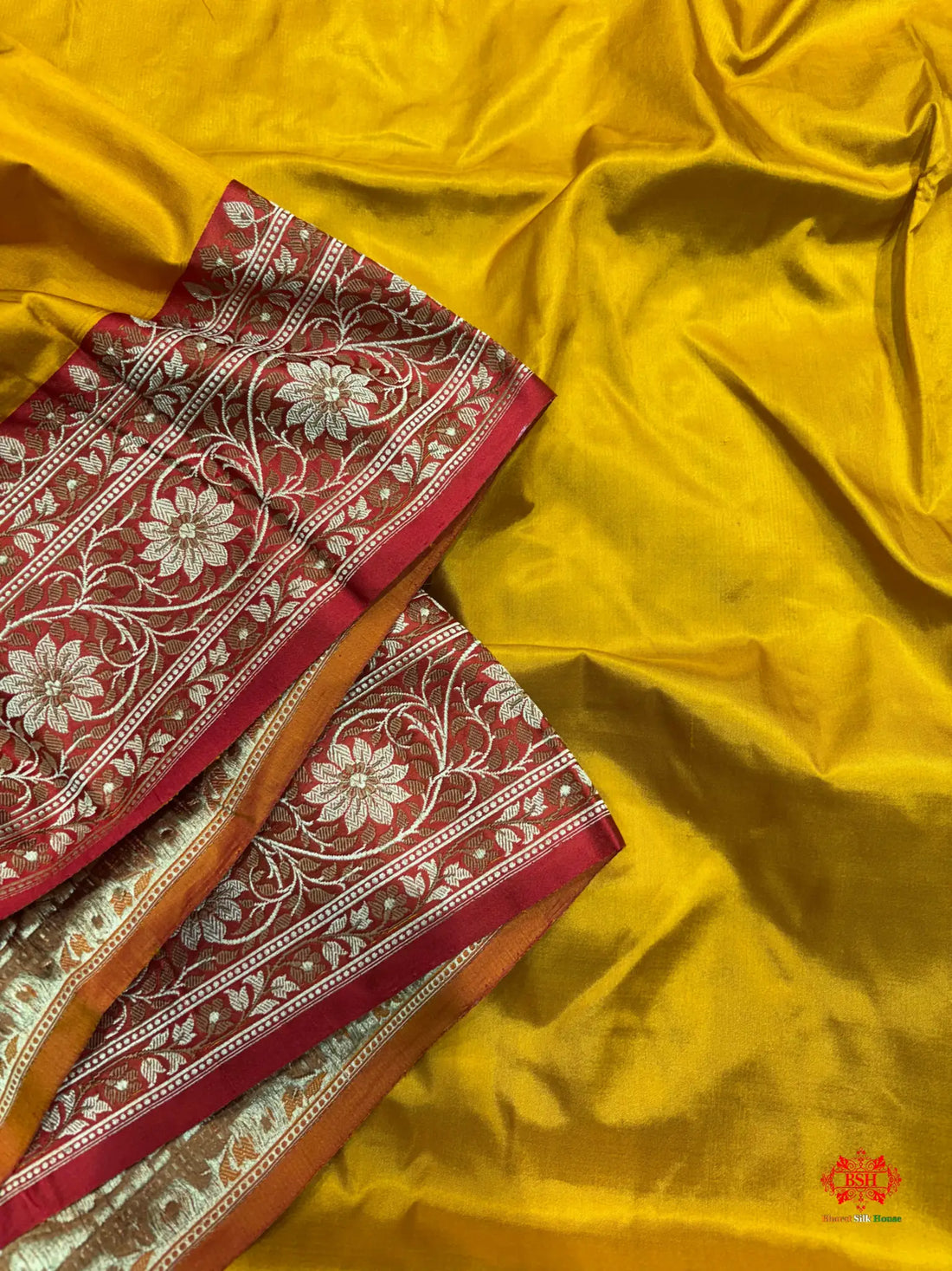 Pure Banarasi  Handloom Katan Silk Reshami Zari Saree In Shades Of Mustard Yellow With Red Border - Pure Kataan Silk -