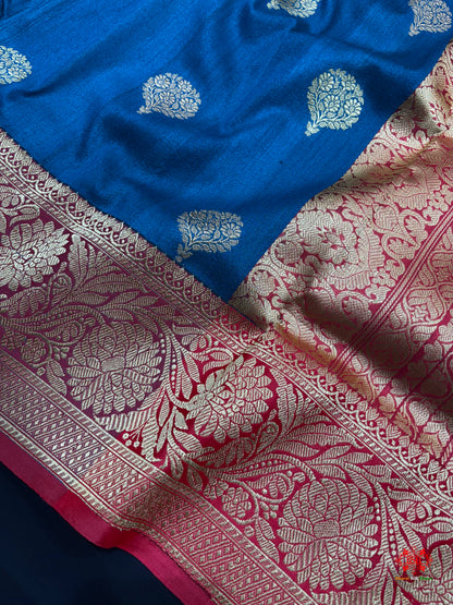 Blue Shade Pure Banarasi Tusser Moonga Silk Saree - Pure Kataan Silk - 