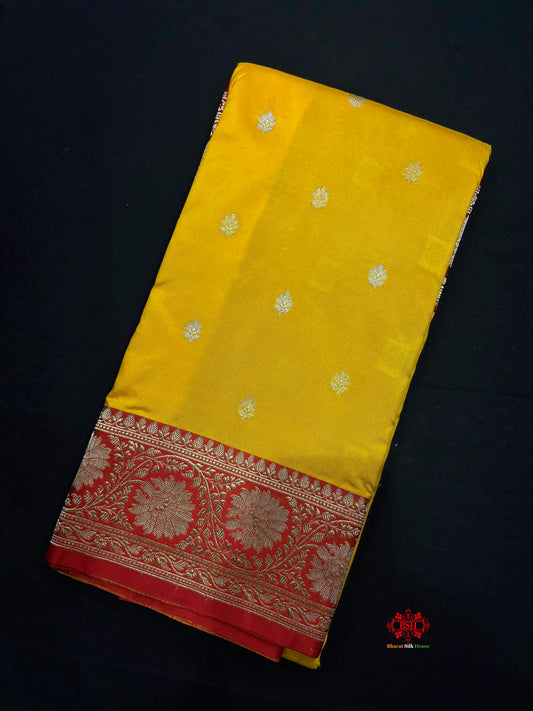 Pure Banarasi  Handloom Katan Silk  Antique Dual Zari Saree In Shades Of Yellow - Pure Kataan Silk - 