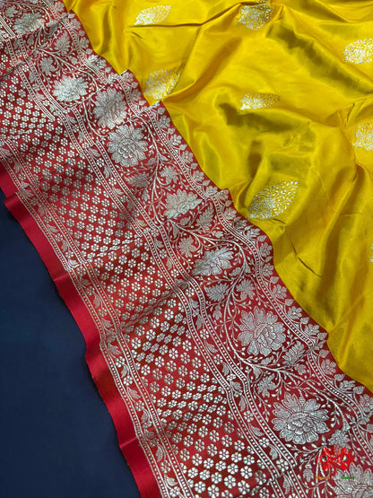Pure Banarasi  Handloom Katan Silk Antique Zari Saree In Shades Of Yellow - Pure Kataan Silk -