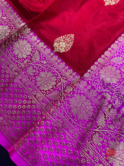 Pure Banarasi  Handloom Katan Silk Antique Zari Saree In Shades Of Red - Pure Kataan Silk - 