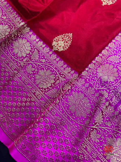 Pure Banarasi  Handloom Katan Silk Antique Zari Saree In Shades Of Red - Pure Kataan Silk -