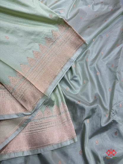 Pure Banarasi  Handloom Katan Silk Antique Zari Saree In Shades Of Pista - Pure Kataan Silk - 