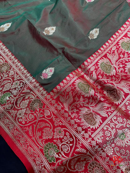 Pure Banarasi  Handloom Katan Silk Antique Meena Zari Saree In Cross Shades Of Green/Red - Pure Kataan Silk -