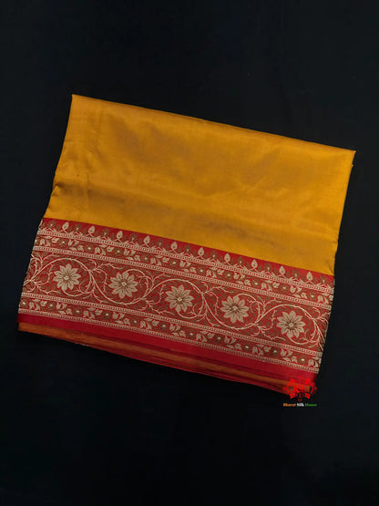 Pure Banarasi  Handloom Katan Silk Reshami Zari Saree In Shades Of Mustard Yellow With Red Border - Pure Kataan Silk -