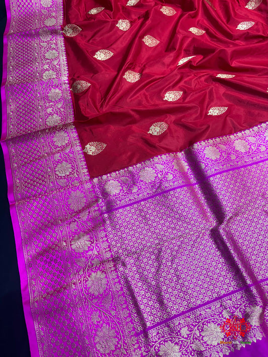 Pure Banarasi  Handloom Katan Silk Antique Zari Saree In Shades Of Red - Pure Kataan Silk - 