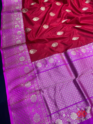 Pure Banarasi  Handloom Katan Silk Antique Zari Saree In Shades Of Red - Pure Kataan Silk -