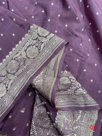 Pure Silk Crape Khaddi Georgette Saree With Antique Zari In Shades Of Blush Pink - Chiffon Sarees -