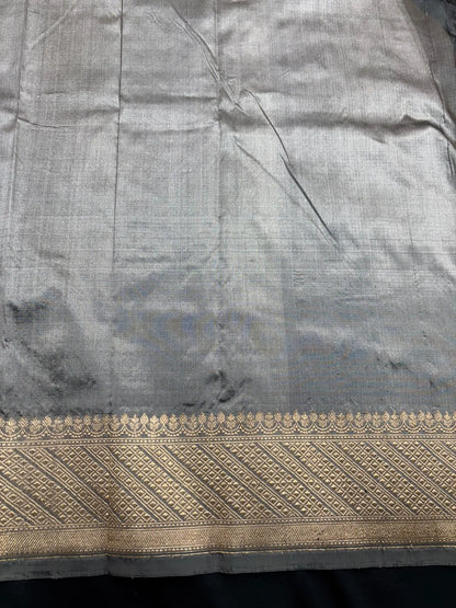 Pure Banarasi  Handloom Katan Silk Antique Zari Saree In Shades Of Grey - Pure Kataan Silk -