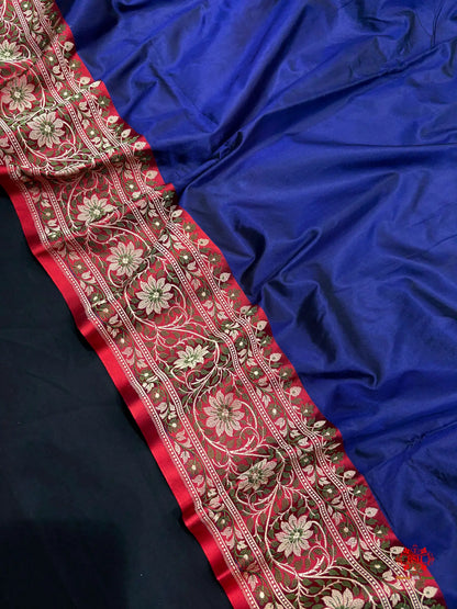 Pure Banarasi  Handloom Katan Silk  Reshami Zari Saree In Shades Of Navy Blue With Red Border - Pure Kataan Silk -