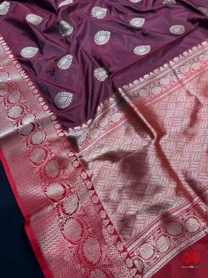 Pure Banarasi  Handloom Katan Silk  Antique Zari Saree In Shades Of Garnet - Pure Kataan Silk - 