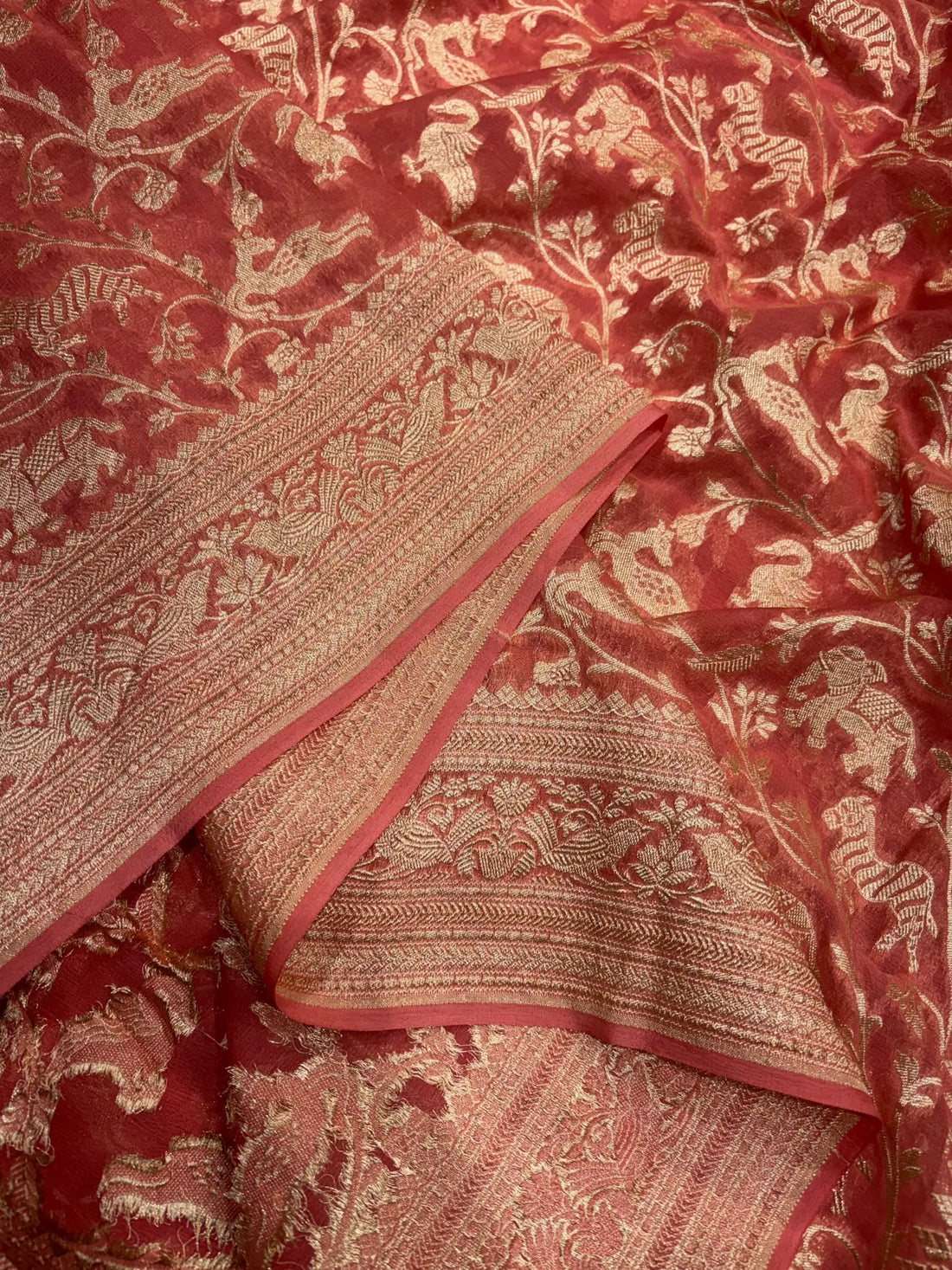 Shade Of Peach Pure Chiffon Metallic Zari Pure Banarasi Silk Saree - Chiffon Sarees -