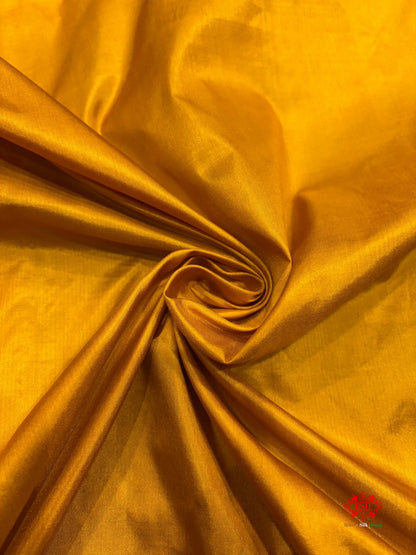Pure Banarasi  Handloom Katan Silk Reshami Zari Saree In Shades Of Mustard Yellow With Red Border - Pure Kataan Silk -