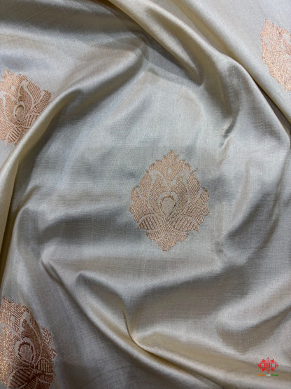 Pure Banarasi  Handloom Katan Silk  Antique Zari Saree In Shades Of White - Pure Kataan Silk - 