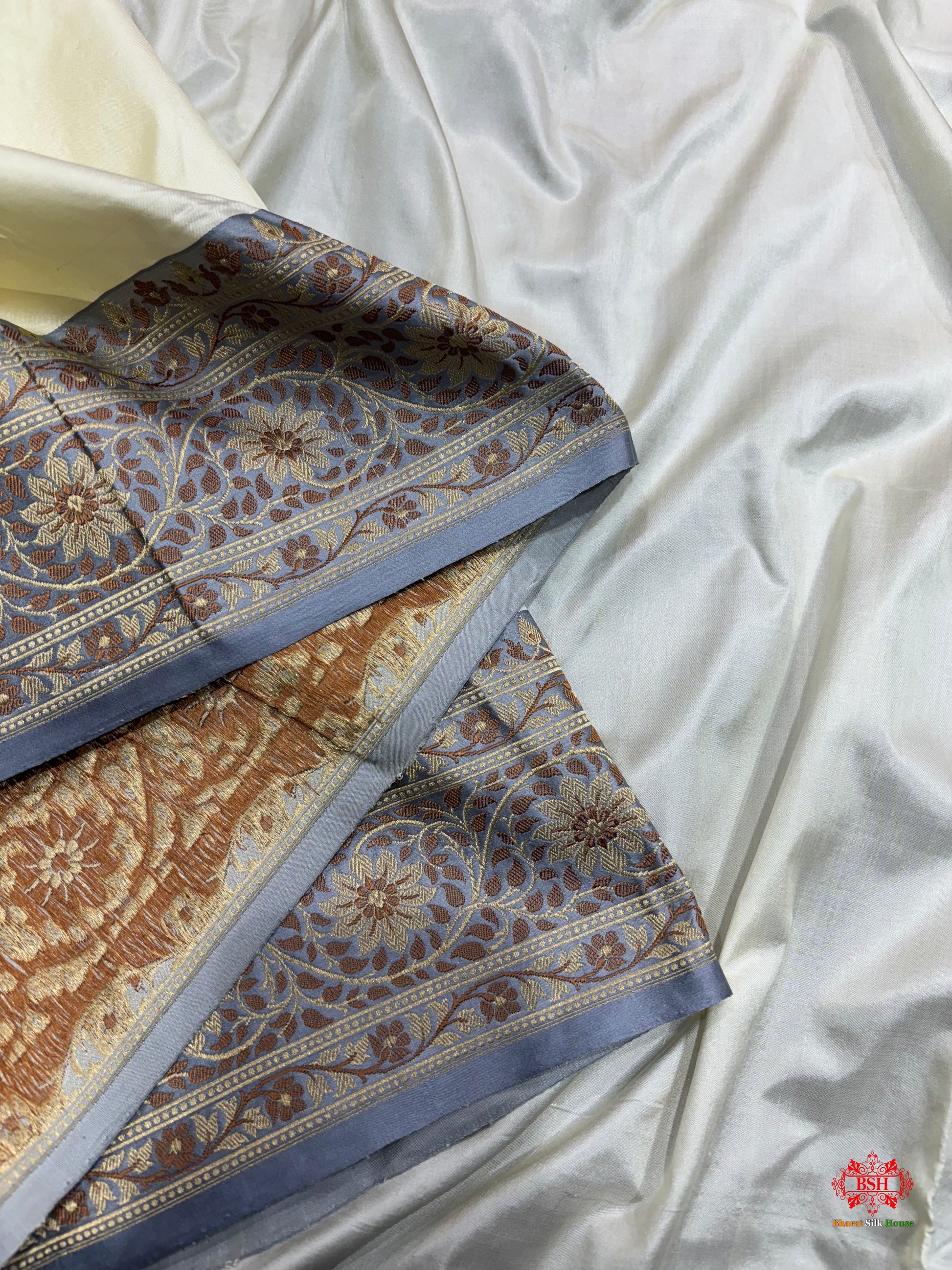 Pure Banarasi  Handloom Katan Silk  Reshami Zari Saree In Shades Of Off White With Grey Border - Pure Kataan Silk - 