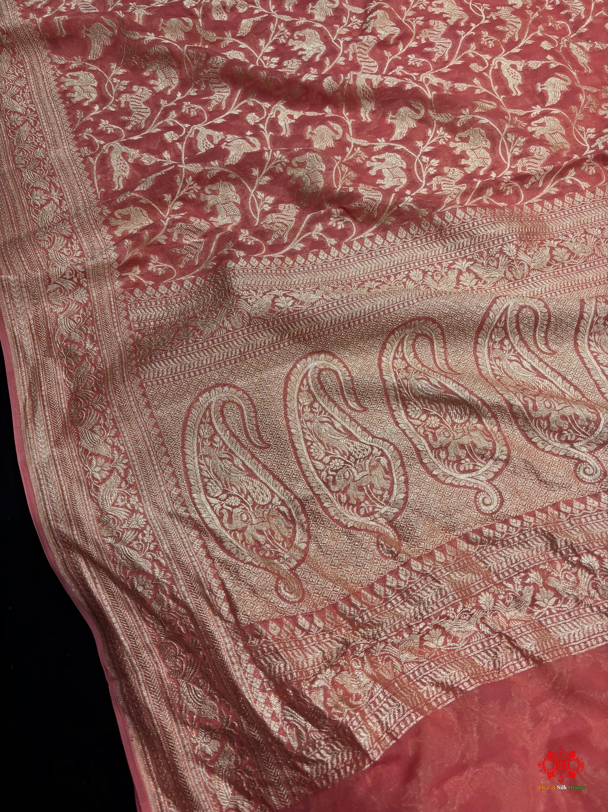 Shade Of Peach Pure Chiffon Metallic Zari Pure Banarasi Silk Saree - Chiffon Sarees - 