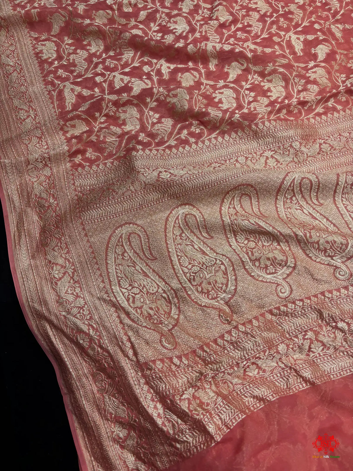 Shade Of Peach Pure Chiffon Metallic Zari Pure Banarasi Silk Saree - Chiffon Sarees -