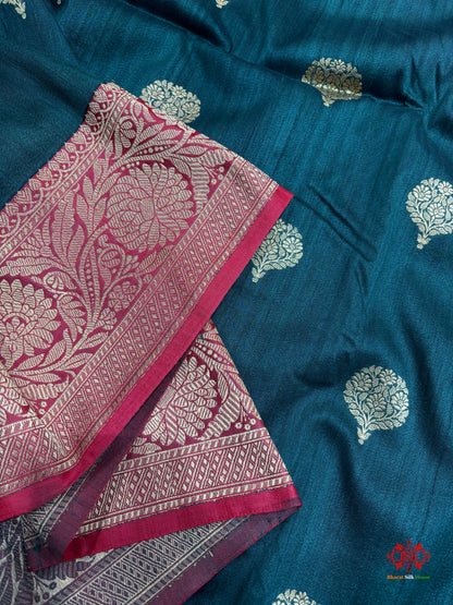 Green Shade Pure Banarasi Tusser Moonga Silk Saree - Tussar - 