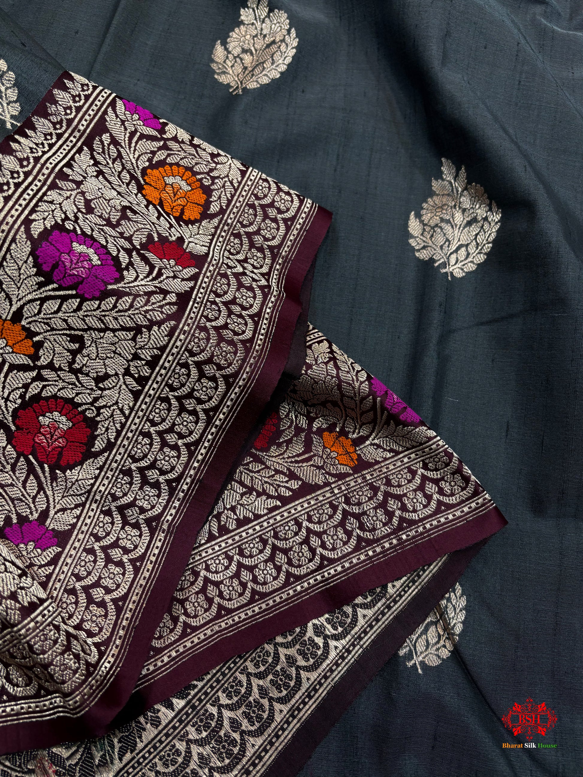 Black Shade With Meena Border Pure Banarasi Tusser Moonga Silk Saree - Pure Kataan Silk - 