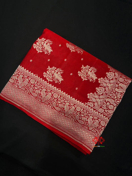 Pure Silk Crape Khaddi Georgette Saree With Antique Zari In Shades Of Blush Red -  - 