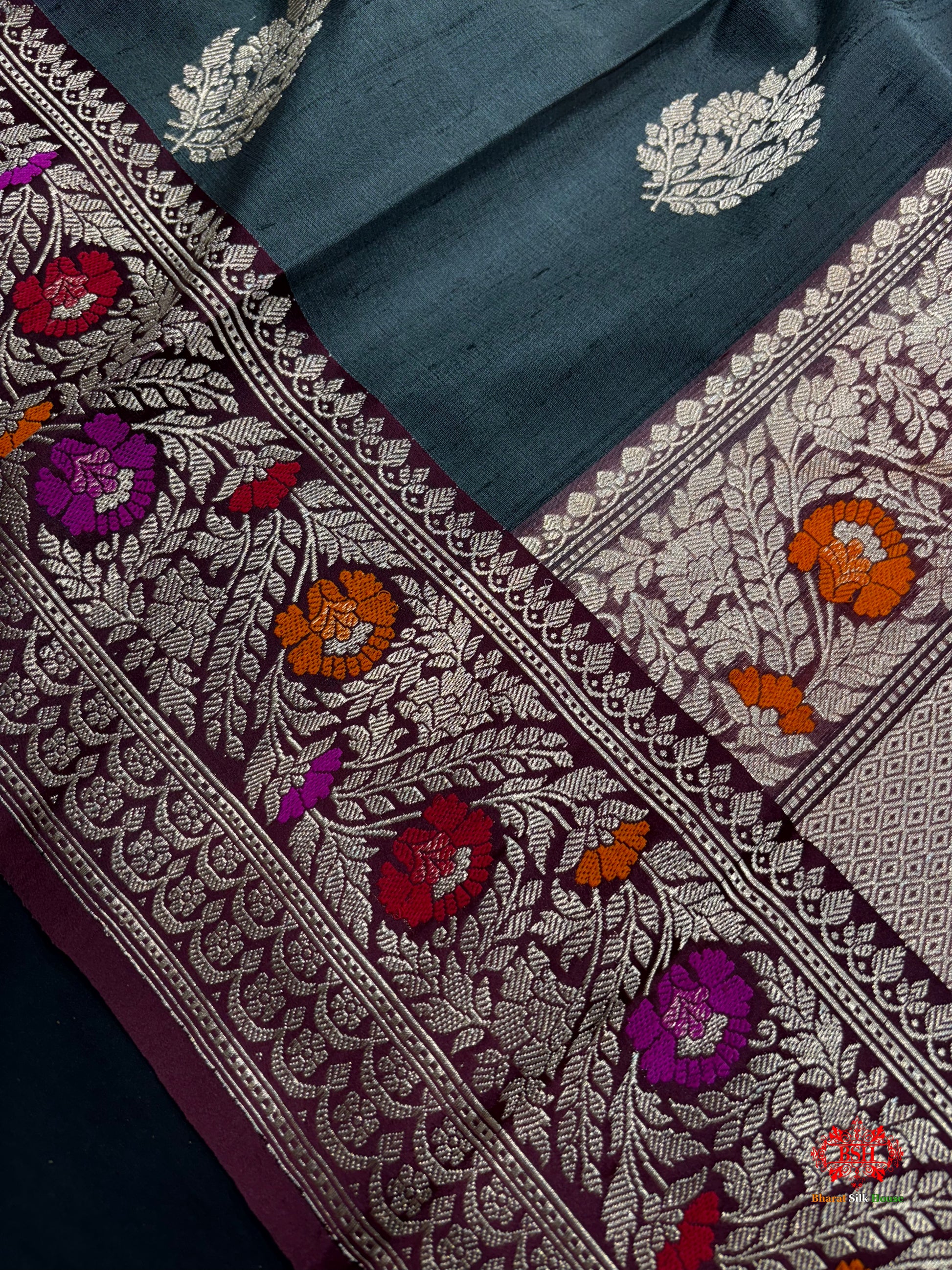 Black Shade With Meena Border Pure Banarasi Tusser Moonga Silk Saree - Pure Kataan Silk - 
