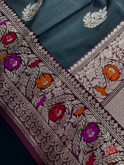 Black Shade With Meena Border Pure Banarasi Tusser Moonga Silk Saree - Pure Kataan Silk - 
