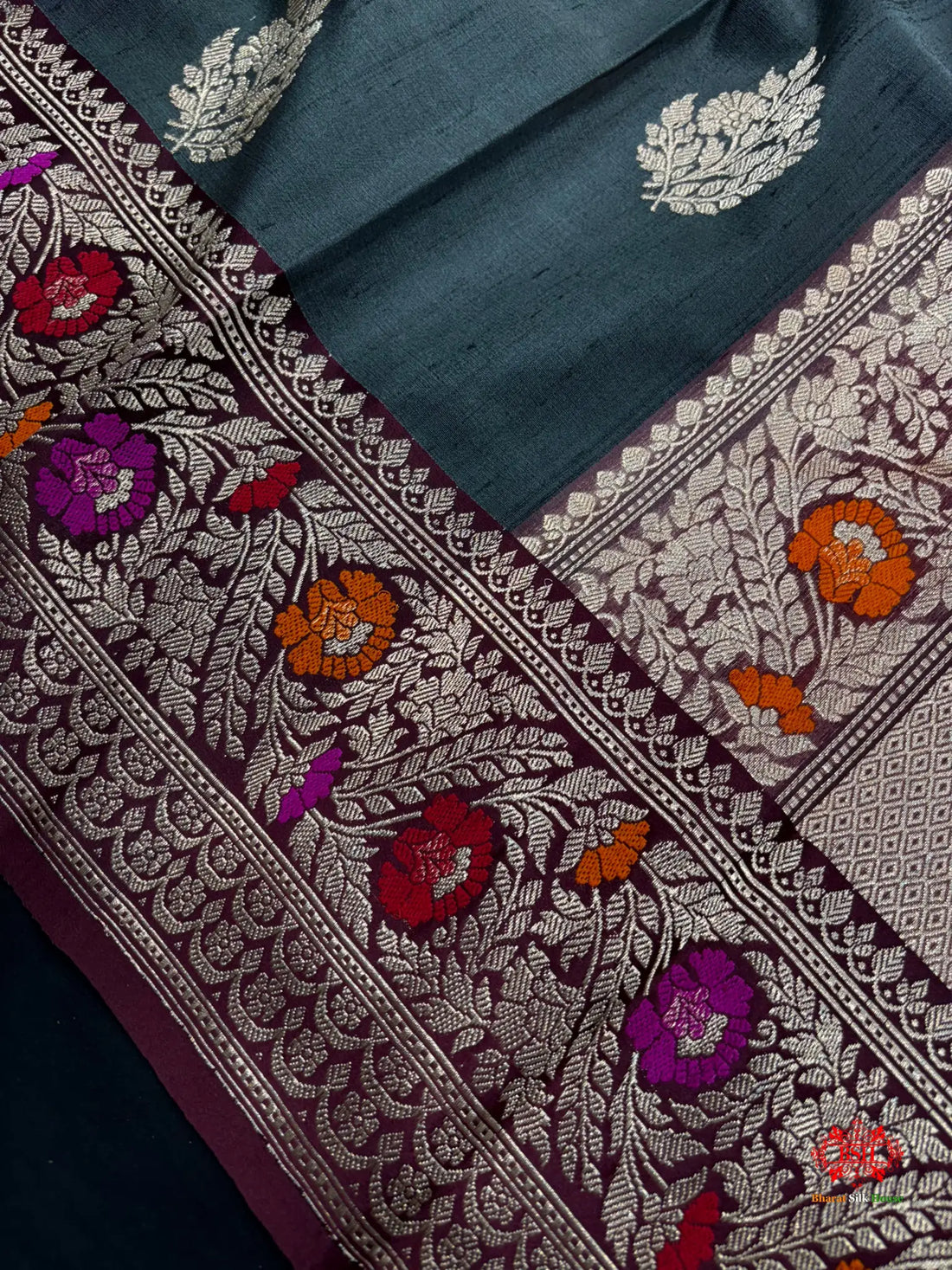 Black Shade With Meena Border Pure Banarasi Tusser Moonga Silk Saree - Pure Kataan Silk -